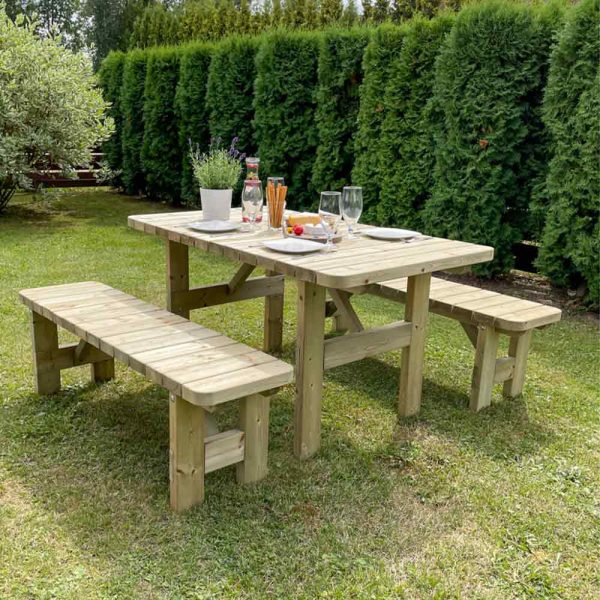 Tavolo e panche in legno da giardino SUN - per 6 persone Discount