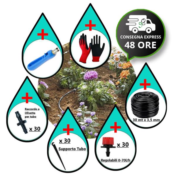 Kit Irrigazione a Goccia regolabile 0-70 l h - per giardino, aiuole, orto - 30 mt con 30 Punti di Innaffio Online Hot Sale