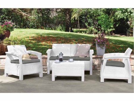 Salotto da Giardino in Polyrattan, con Divano e 2 Poltrone - 4 Posti - Corfù Bianco on Sale