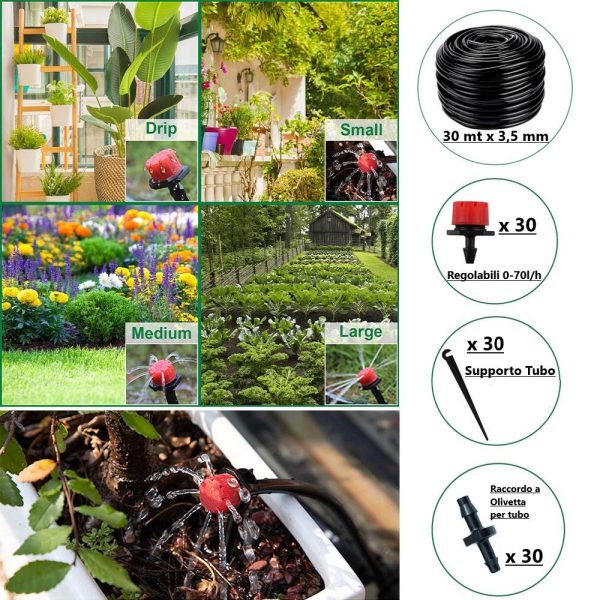 Kit Irrigazione a Goccia regolabile 0-70 l h - per giardino, aiuole, orto - 30 mt con 30 Punti di Innaffio Online Hot Sale