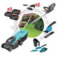 Rasaerba, Tagliasiepi, Rifila Prato e Siepi a Batteria + Set 4 Attrezzi Manuali da Giardino Discount