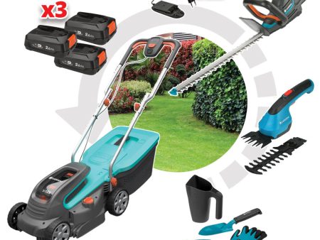 Rasaerba, Tagliasiepi, Rifila Prato e Siepi a Batteria + Set 4 Attrezzi Manuali da Giardino Discount